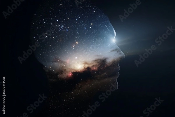 Fototapeta A profile view of a person, where the face and surrounding space is overlaid with celestial imagery, creating a visually striking and thought-provoking composition.