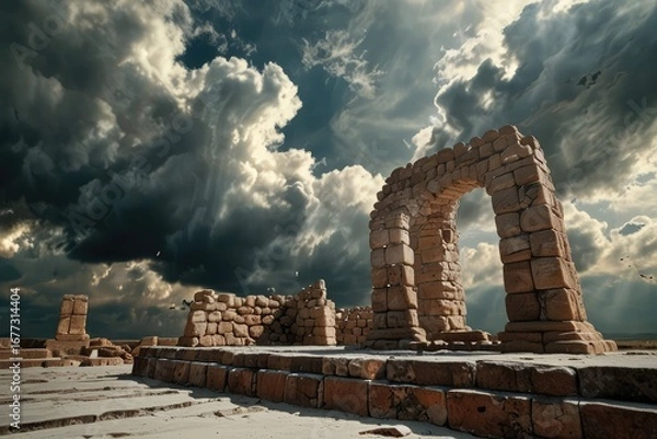 Obraz Ancient Stone Arch Ruins Against Dramatic Sunset Sky