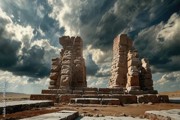 Obraz Ancient Stone Arch Ruins Against Dramatic Sunset Sky