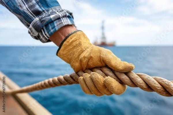 Fototapeta A gloved hand firmly gripping a heavy duty rope on a vessel, with an offshore oil rig visible in the distant sea.