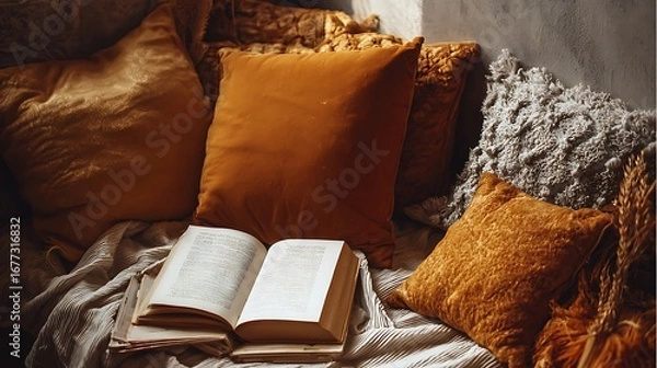 Fototapeta A cozy autumnal interior scene featuring rich mustard-colored velvet pillows, a stack of open books, and a soft, muted background.