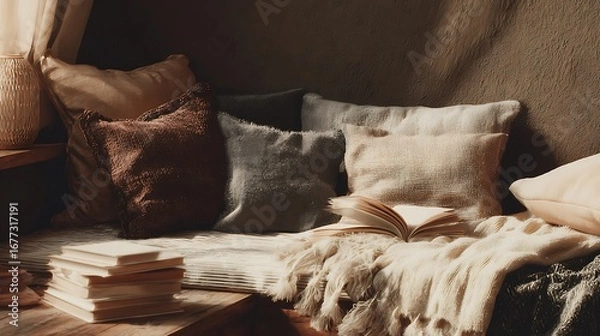 Fototapeta A cozy reading nook, featuring a collection of textured pillows and a book, bathed in warm sunlight.