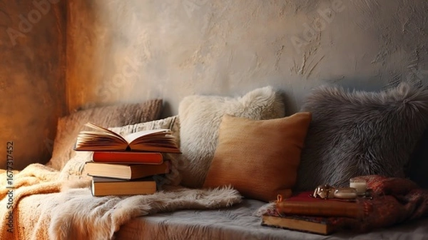 Fototapeta A cozy corner, illuminated by warm light, showcases a stack of books resting on a plush couch, adorned with soft, textured pillows and throws.