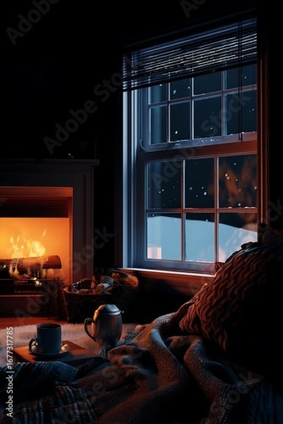 Fototapeta Cozy winter night scene with a warm fireplace, a window overlooking a snowy night, and a comfy bed with soft blankets, perfect for relaxing.