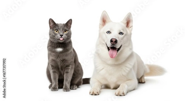 Fototapeta Gray cat and white dog pets