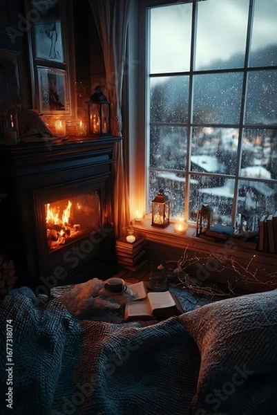 Fototapeta A cozy bedroom nook, warmed by a crackling fireplace and snowy window views, filled with soft lighting and inviting textures.