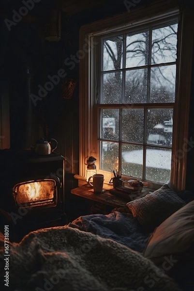 Fototapeta Warmth and tranquility fill a cozy bedroom, with a crackling fireplace and the gentle patter of rain on the windowpane.