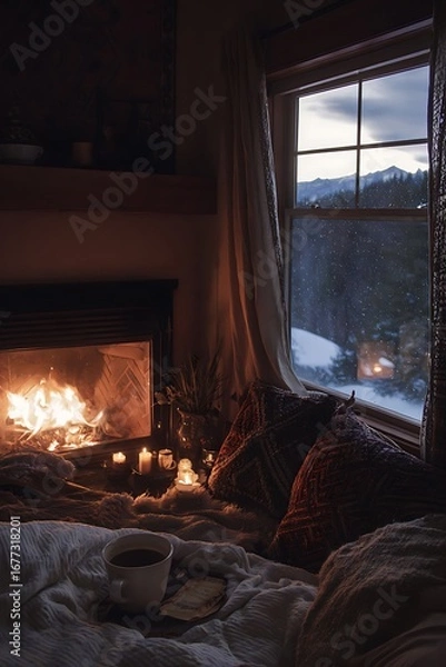 Fototapeta Cozy winter evening by the fireplace, with a warm cup of coffee and a view of snowy mountains outside.
