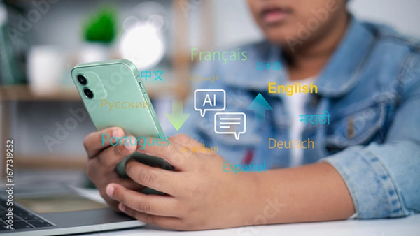 Fototapeta AI translation app on smartphone, multilingual communication, artificial intelligence language learning concept