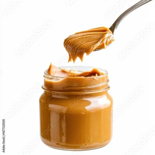 Fototapeta A jar of creamy peanut butter with a scoop ready to serve.