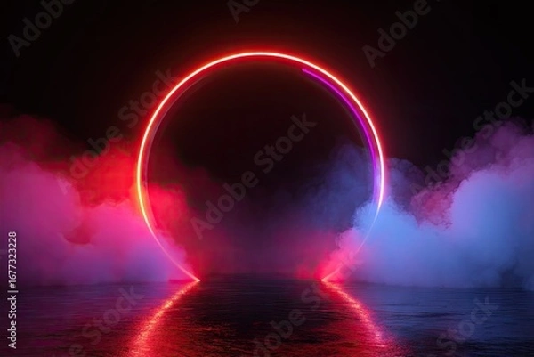 Fototapeta Vibrant neon ring glowing with red and blue light surrounded by atmospheric smoke.