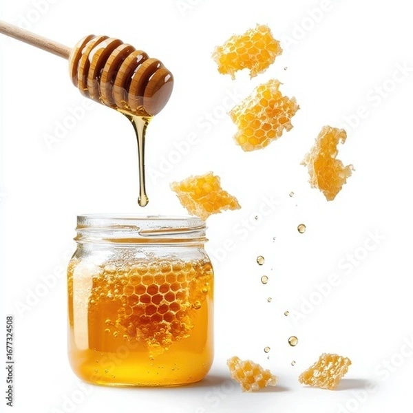 Fototapeta Honey dripping from a wooden dipper into a jar with honeycomb.