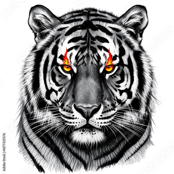 Fototapeta Fierce black and white charcoal drawing of an angry tiger with striking amber eyes isolated on a transparent background