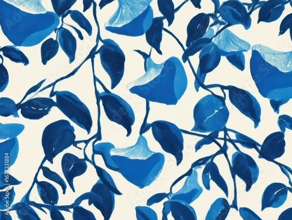 Fototapeta Blue leaves and abstract floral shapes intertwine on a light background, creating a bold, artistic botanical pattern