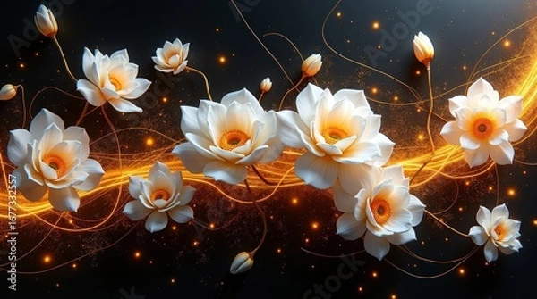 Obraz White lotus flowers with golden light trails glowing particles dark background