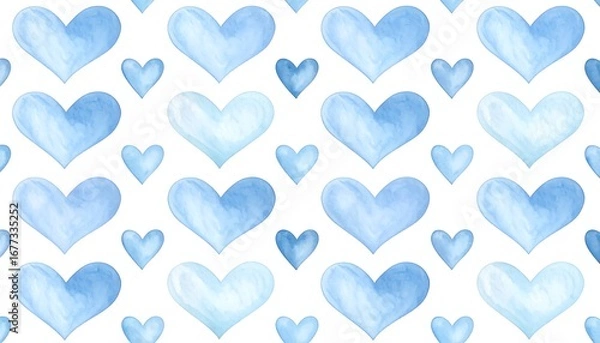Fototapeta Delicate light blue watercolor hearts on a white background.  A repeating pattern