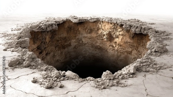 Fototapeta A large, deep sinkhole with rough, cracked edges appears in a barren, dry landscape with a white background