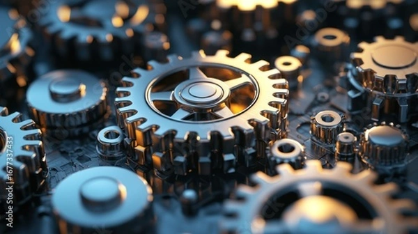 Fototapeta A metallic gear assembly with a golden hue, showcasing mechanical engineering and technology themes.