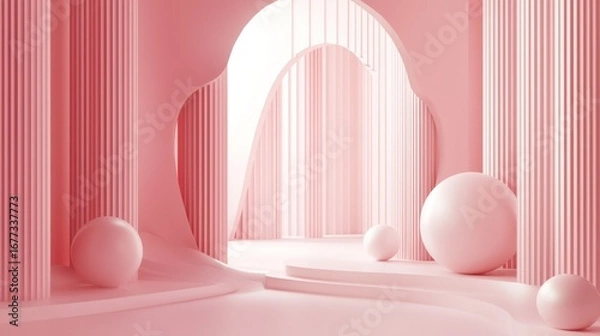 Fototapeta A pink and white geometric abstract scene with a large archway and spheres.