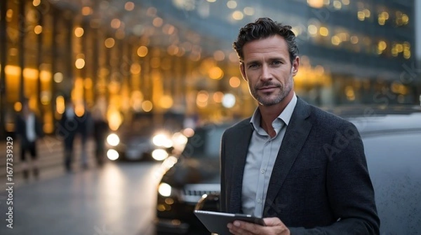 Obraz Man holding tablet in front of city at night time