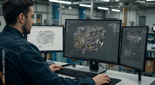 Fototapeta Engineering the Future: A focused engineer meticulously designs using cutting-edge software on three computer monitors in a modern industrial setting, showcasing technical innovation.