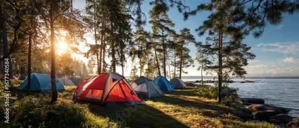 Fototapeta Colorful tents set up among pine trees by a tranquil lakeshore at sunrise, creating a peaceful camping scene in nature