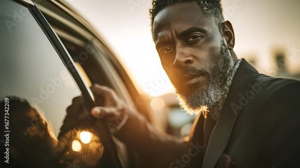 Obraz Man in suit by car door at sunset looking serious
