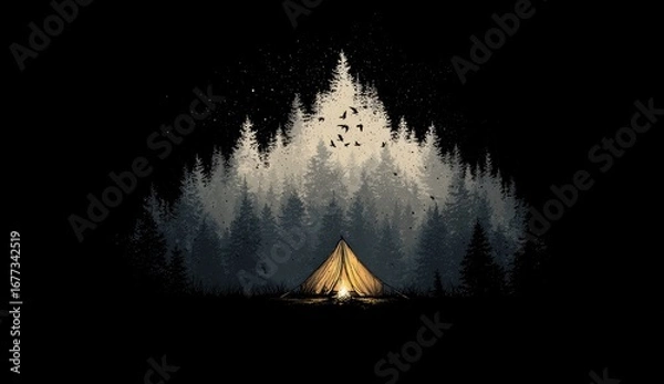 Fototapeta Illuminated tent nestled in a dark, misty forest, framed by silhouetted trees; birds in flight above