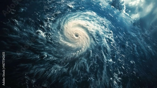 Fototapeta A swirling hurricane over the ocean with dark clouds and lightning in the sky.