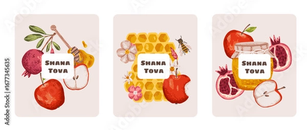 Fototapeta Happy Rosh Hashanah jewish new year. Shana Tova greeting card set in flat style