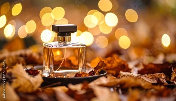 Obraz Perfume Bottle on Autumn Leaves with Bokeh Lights in Background