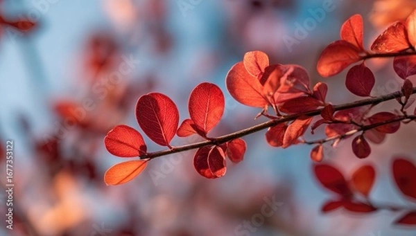 Fototapeta A close-up of a branch with vibrant red leaves, illuminated by warm sunlight against a blurred, pale blue background.  The leaves are oval-shaped and densely clustered