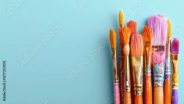 Fototapeta A collection of paintbrushes with various bristle colors and handle styles, arranged against a light blue background.  The brushes appear well-used, showing paint residue