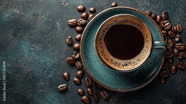 Fototapeta A cup of black coffee with a saucer on a dark green background, surrounded by coffee beans.