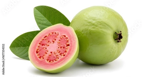 Obraz Photo of fresh pink guava cut in half revealing juicy flesh and seeds, next to a whole green guava and leaves, isolated on white background