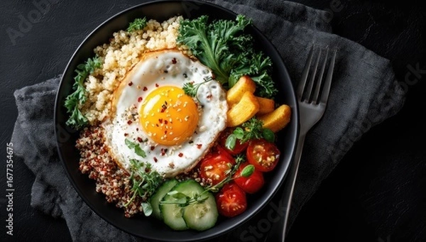 Fototapeta A vibrant bowl features a fried egg atop quinoa and couscous, accompanied by roasted vegetables, kale, and cucumber slices