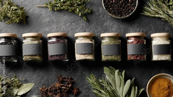 Fototapeta Various Spices and Herbs in Glass Jars on Dark Slate Background