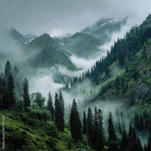 Fototapeta Misty mountain valley shrouded in fog, lush green slopes dotted with evergreen trees, snow-capped peaks in the distance under a brooding sky