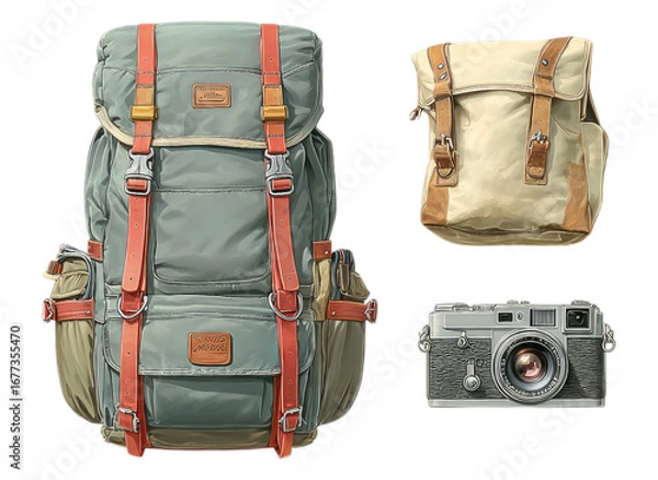 Obraz Vintage Style Backpack and Camera Illustration with Isolated Objects