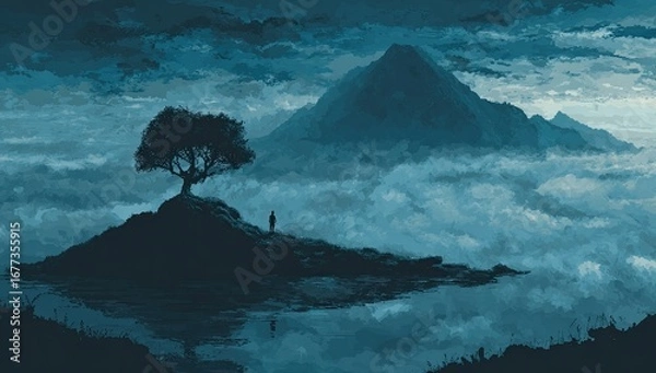 Fototapeta A solitary figure stands on a small, tree-topped island amidst a sea of clouds, a looming mountain shrouded in mist behind, all rendered in a monochromatic teal palette