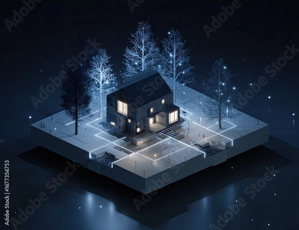 Fototapeta Nighttime isometric view of a modern house illuminated, nestled within a digitally rendered snowy landscape, showcasing a network of glowing lines suggesting smart home technology and connectivity