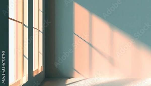 Fototapeta Soft sunlight streams through a window, casting long shadows on a light-colored wall and floor of a minimalist room corner