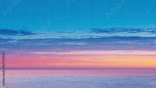 Fototapeta Serene seascape at dawn, pastel hues of pink, orange, and blue paint the sky above a calm ocean, wispy clouds streak across the horizon