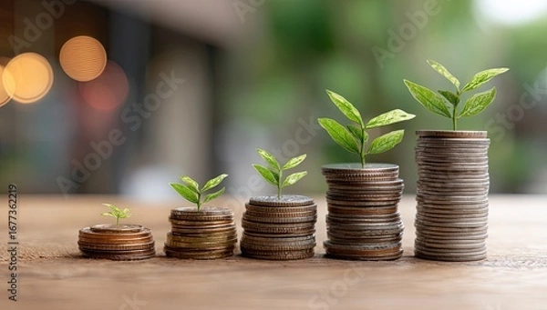 Fototapeta Five coin stacks of increasing height, each topped with a progressively larger growing plant, on a wooden surface against a blurred background