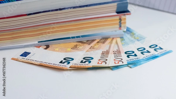 Fototapeta Conceptual image representing school book expenses and the increase in education costs for families. The rising price of books highlights the financial burden of schooling and family budgets.