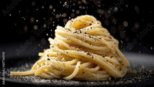 Fototapeta A dark plate holds a high pile of spaghetti, generously seasoned with black pepper and a light dusting of what appears to be salt or cheese, with peppercorns falling onto it