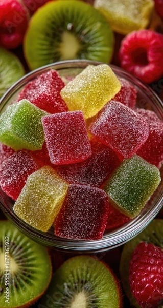 Fototapeta A glass bowl filled with colorful, square-shaped jellies sits on a bed of sliced kiwi and raspberries