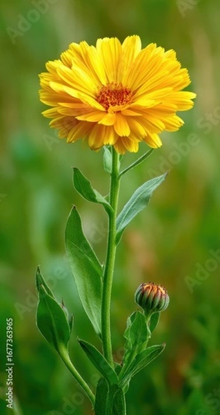 Fototapeta Vibrant yellow calendula flower in full bloom on a slender stem, with a smaller bud below, set against a softly blurred green background