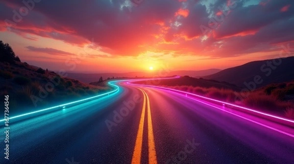 Fototapeta Winding road neon lights sunset sky highway clouds