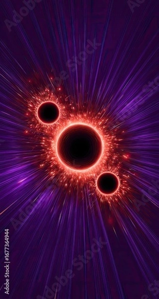 Fototapeta Three dark orbs glow intensely, surrounded by radiating crimson and purple energy streaks, creating a cosmic, high-energy effect